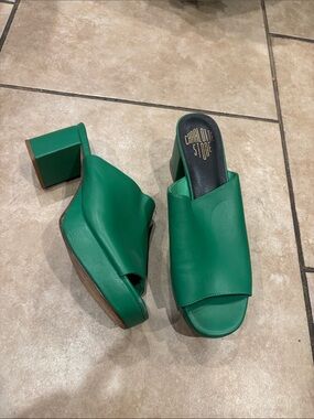 Charlotte Stone Green Leather Platform Heeled Sandals